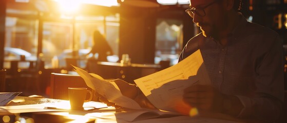 A startup founder holding a coffee cup while reviewing business plans, close up, entrepreneurship theme, dynamic, Silhouette, a bustling cafe as backdrop