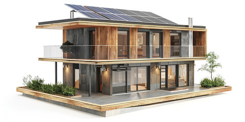 Modern house with solar panels and rainwater collection system. 3d house isolated modern
