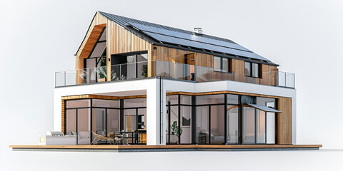 Energy efficient house with light water and warm saving techniques isometric. Modern house with solar panels on the roof Alternative energy source

