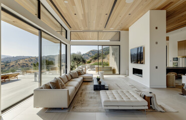 Modern house in Los Angeles, with white walls and a wood ceiling overlooking the hills of Hollywood...