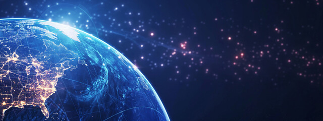 Concept of global network and connectivity on Earth, Data transfer and cyber technology, information exchange and international telecommunication.

