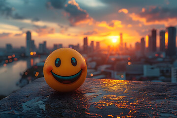 A ball with a smiling face, and in a city with tall buildings on the morning when the sun is rising.