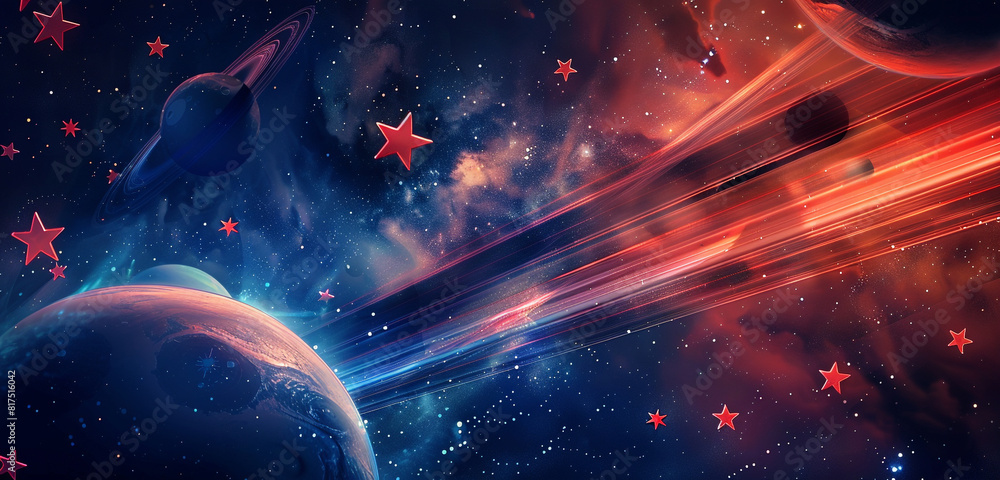Wall mural memorial day banner set in outer space, featuring alien planet stars and space warp stripes.