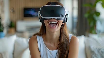 Naklejka premium Happy joyful woman wearing VR glasses to play games, watch video on comfy white living room with copy space backgrounds