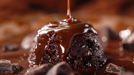 A close-up shot of a molten chocolate lava cake oozing with richness, capturing every delectable...