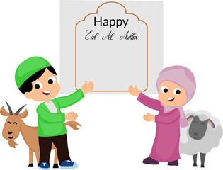 happy eid al adha celebration with illustration of couple kids muslim and animal goat sacrificial