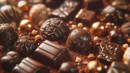 A luxurious spread of assorted chocolates glistening under soft studio lighting against a rich chocolate brown backdrop