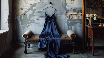 Dress in midnight blue silk, laid flat on a plush velvet bench in a stylish boutique dressing room, offering understated elegance and sophistication for cocktail parties and special occasions.