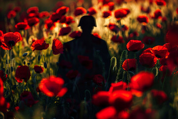 Silhouette of a soldier's shadow cast among red poppies for a poignant Memorial Day tribute.