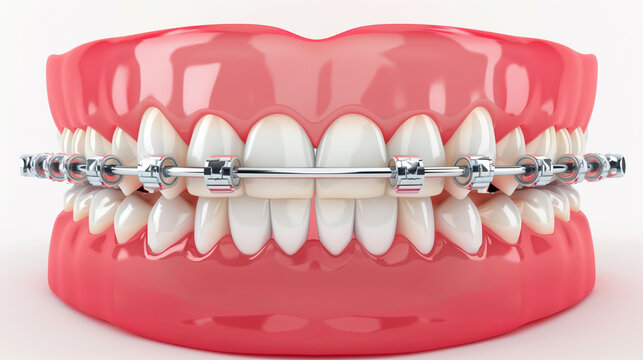 A detailed teeth model showing the progression of orthodontic treatment with braces, including before and after stages, in a clinical and informative style.