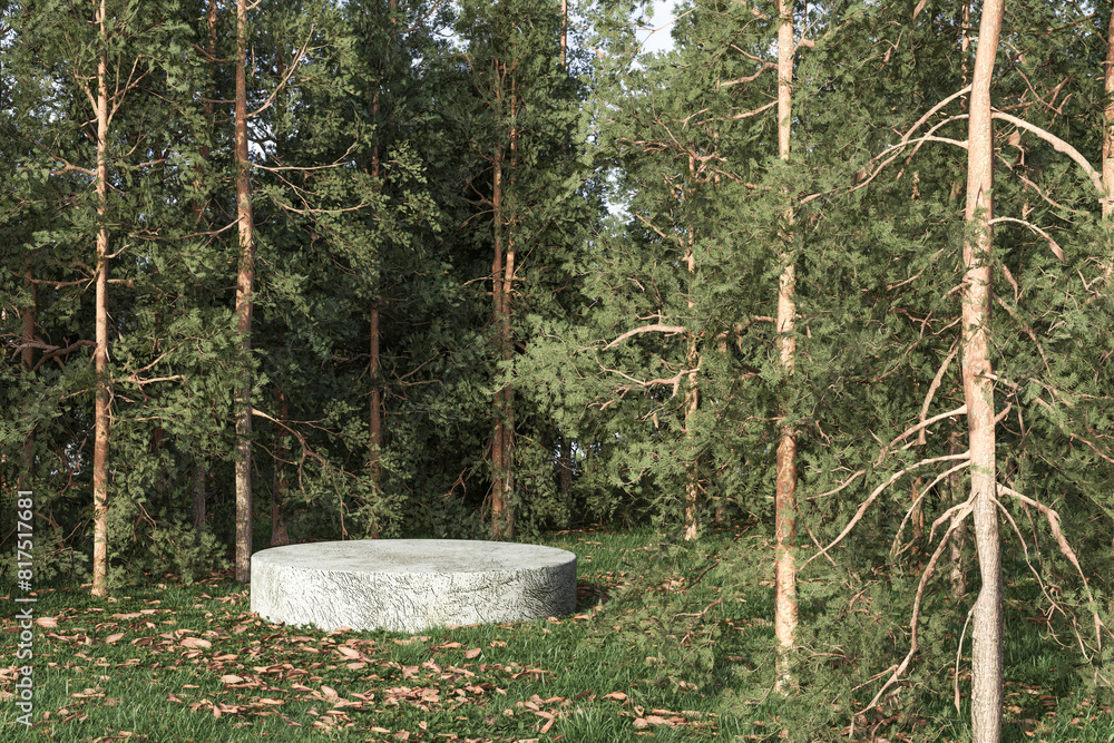 Poster abstact realistic 3d render spring scene and natural background, stone podium on the grass field in 