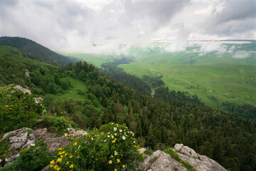 View of the alpine meadows of the Lago-Naki plateau in the mountains of the Western Caucasus on a...