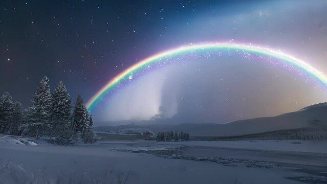 Against the backdrop of a dark starry night a moonbow appears a beacon of light and color in the darkness.
