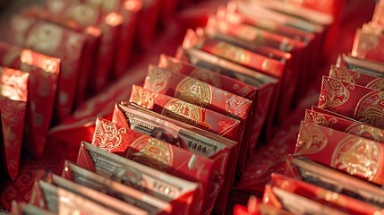 Intricately designed red envelopes filled with money, ready to be exchanged for good fortune in the coming year.