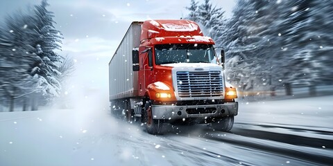 Red truck braves snowstorm symbolizing reliable cargo transport in harsh conditions. Concept Cargo transport, Winter conditions, Snowstorm, Red truck, Reliability