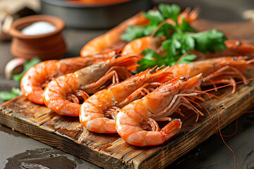 fresh shrimps served on wooden cutting board