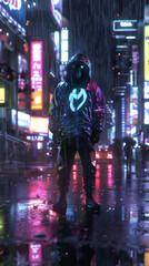 Fototapeta premium Cyberpunk Hacker, Neon jacket, Skilled with technology, wandering the futuristic cityscape, glowing with holographic advertisements, amidst a damp, rainy night, 3D render