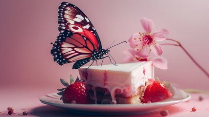A butterfly is sitting on a piece of cake with strawberries on it. The image has a romantic and whimsical mood
