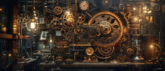 Steampunk Clockwork Mechanism, gears intertwining, copper and bronze accents, displayed in a cluttered workshop, dimly lit with flickering Edison bulbs, photography, Vignette camera effect