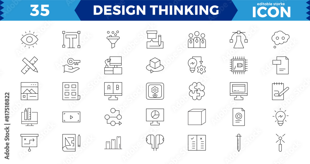 Poster set of pixel perfect design thinking icons. simple line art style icons pack. vector illustration,ed