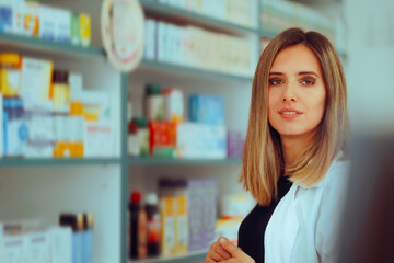 Pharmacist Specialist Standing in a Drugstore Next to the Shelves. Professional pharmacy worker...