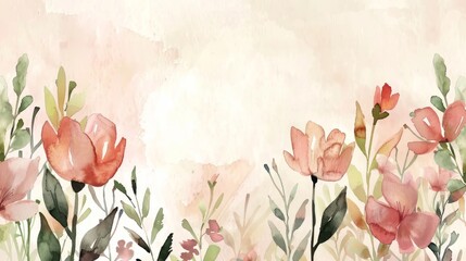 A watercolor painting featuring delicate pink flowers on a soft beige background, peach beige pastel color
