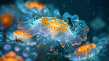 Bioluminescent Jellyfish with Vibrant Colors. Detailed macro shot of bioluminescent jellyfish, featuring vibrant orange and blue hues, illuminating the dark underwater environment. - Powered by Adobe