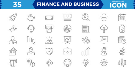 Finance and business line icons collection. Big UI icon set in a flat design. Thin outline icons pack. Linear icon collection. Editable stroke. Vector illustration