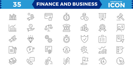 Finance and business line icons collection. Big UI icon set in a flat design. Thin outline icons pack. Linear icon collection. Editable stroke. Vector illustration