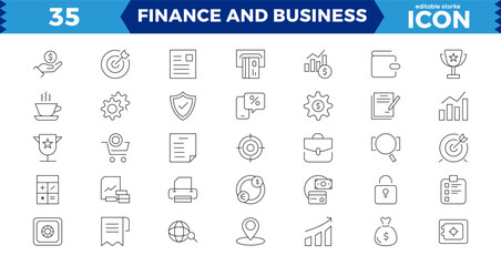 Finance and business line icons collection. Big UI icon set in a flat design. Thin outline icons pack. Linear icon collection. Editable stroke. Vector illustration