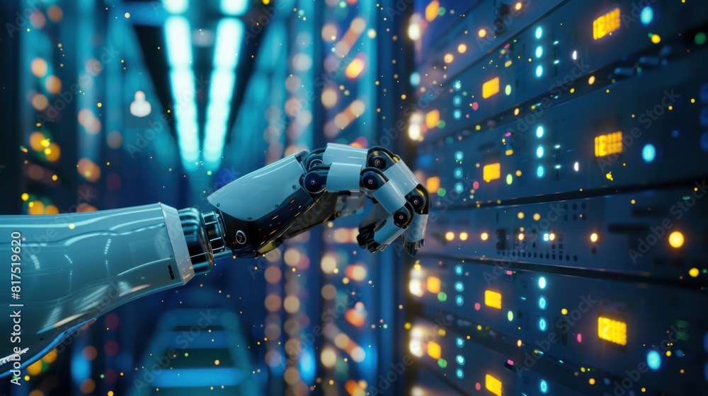 Poster futuristic robot hand analyzing information in server room of data center.