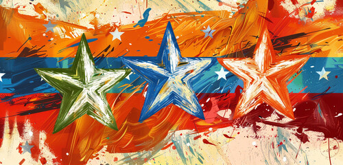 Fototapeta premium Abstract painting stars and brushstroke stripes for an art gallery Memorial Day banner.