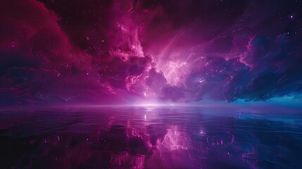 Obraz premium Neon-lit aurora borealis over a serene lake with center copy space