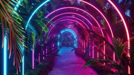 Neon-lit forest path leading to a central copy space