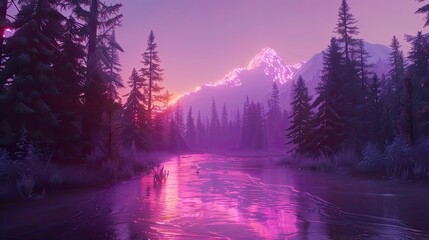 Neon-lit mountain stream with glowing water and central copy space