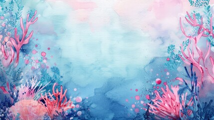 A watercolor illustration depicting a vibrant underwater scene with various types of corals, copy space