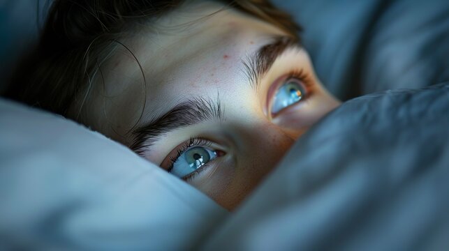 A close-up of a person's face with eyes slowly opening, indicating the moment of waking up from sleep.