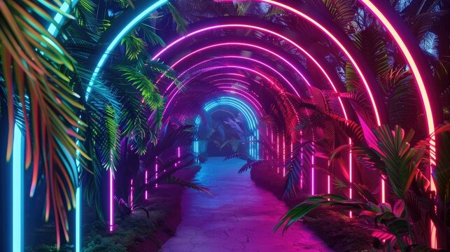 Neon-lit forest path leading to a central copy space