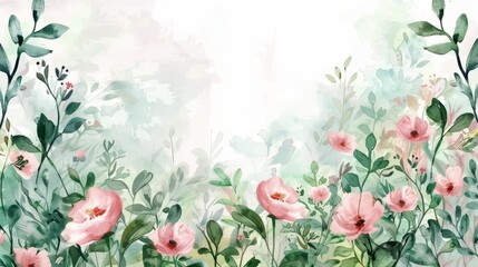 A watercolor painting featuring a background of pink flowers, copy space