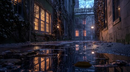 A quiet back alley in a city at night, with puddles reflecting the sparse light from nearby windows and street lamps, and walls covered with dark ivy. 32k, full ultra HD, high resolution - Powered by Adobe