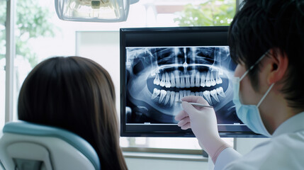 男性の歯科医師が患者に歯のレントゲンを使用するリアルなシーン.