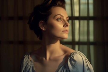 portrait of beautiful young woman looking out, shot on studio