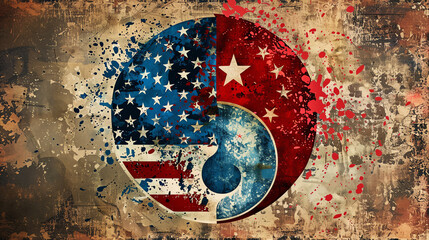 Symbolic representation of conflict and unity with American and North Korean motifs blended together