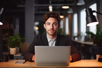 portrait of confident creative businessman sitting at desk in office