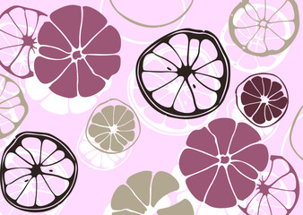 Stylized illustration of citrus fruit slices in white on a bold, bright red background, featuring varying sizes and shapes scattered across the image.