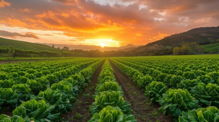Lettuce farm at sunset with the sky painted in warm hues and the crops bathed in golden light Generative AI