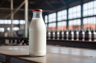 A bottle of milk stands against the background of a dairy factory, milk production industry