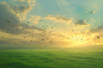 Flying_birds_over_a_green_field_at_sunset_-