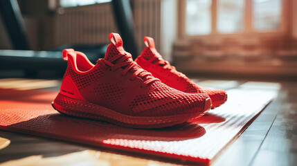 pair of high-performance athletic sneakers in bold red, resting on a rubber mat in a brightly lit...