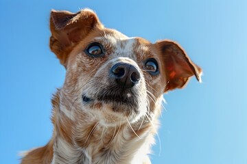 Heartwarming Low-Angle View of a Rescued Pup with Soulful Eyes against a Clear Blue Sky